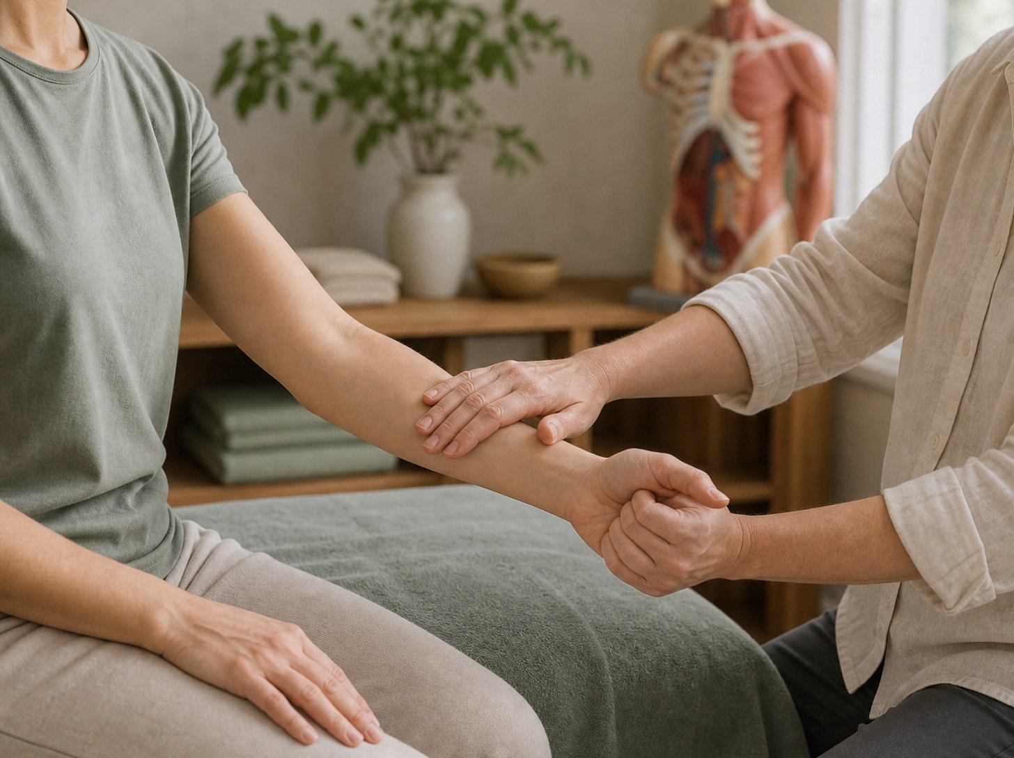 En behandlare ger lätt motstånd mot en persons utsträckta arm under ett manuellt muskeltest.
