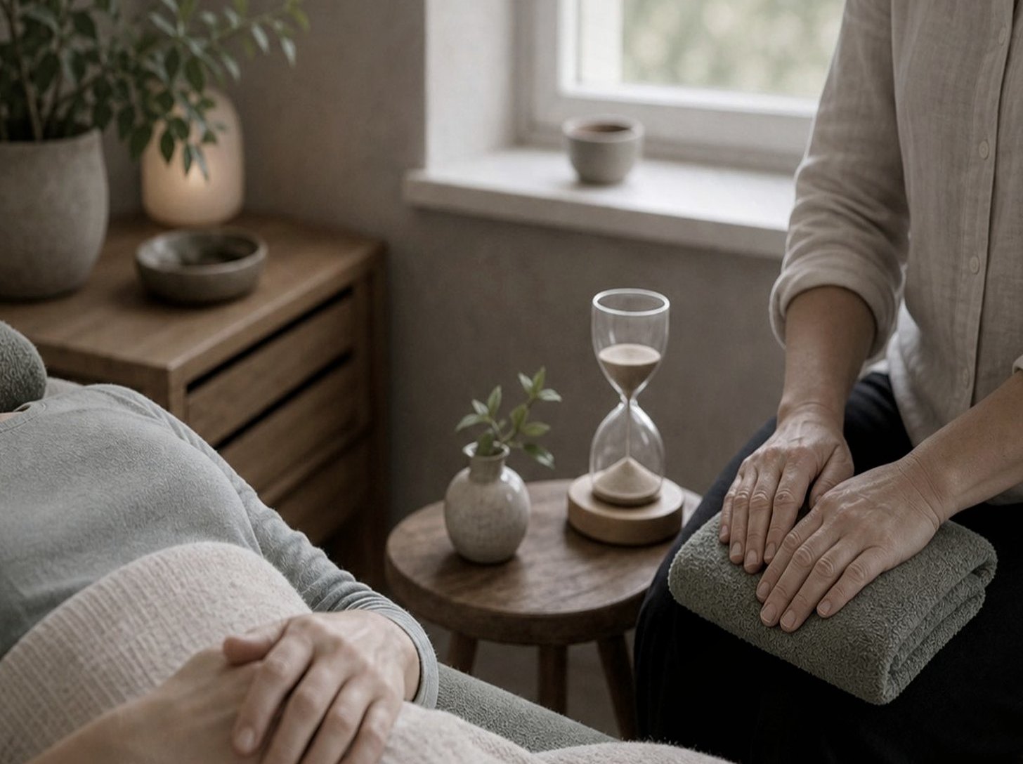 En utövare och en liggande person har händerna vilande nära varandra under ett samtal.