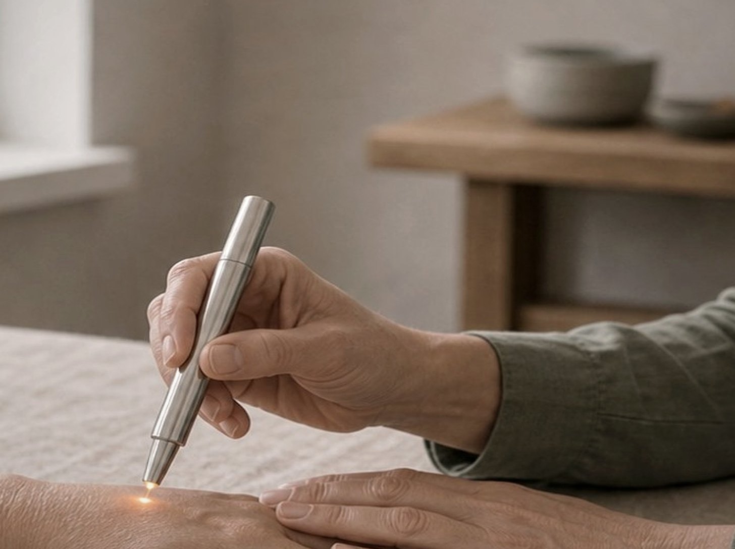 En behandlare håller en liten ljussond nära huden på en vuxen persons arm.