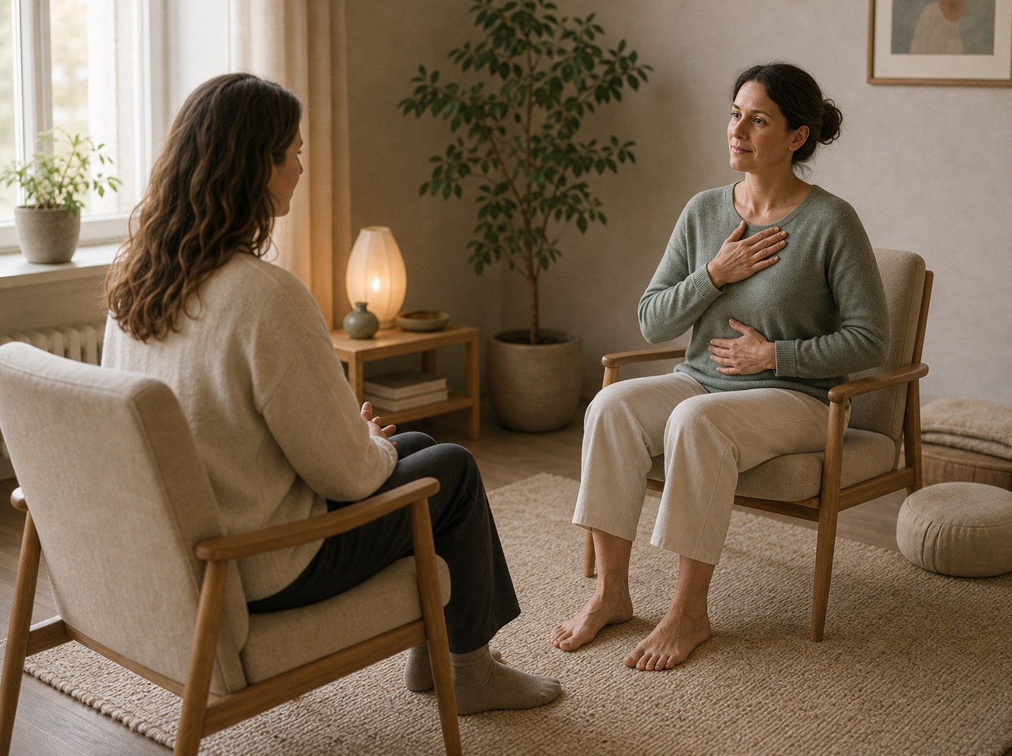 Två personer sitter mittemot varandra medan den ena uppmärksammar bröstkorg och mage.
