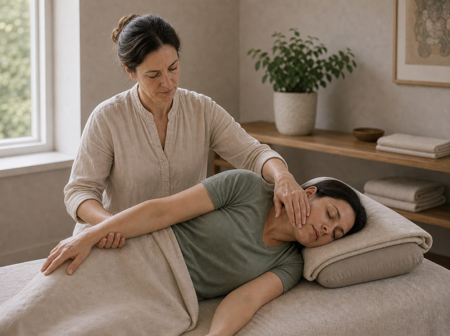 En behandlare stödjer en persons arm och axel i en bekväm position under en mjuk manuell behandling.